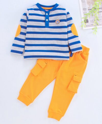 Babyhug Full Sleeve Striped Tee Lounge Pant Blue Yellow