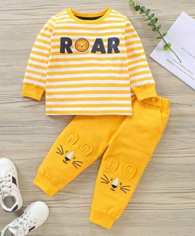 Babyhug Full Sleeves Striped Tee and Lounge Pants Set with Patch and Applique Mustard