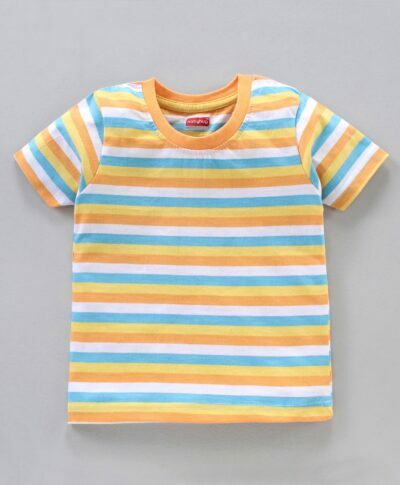 Babyhug Half Sleeves Striped T Shirt Space Print Pack of 3 Orange Blue Multicolor....