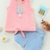 Babyhug Sleeveless Embroidered Knotted Top and Shorts Set Peach Blue